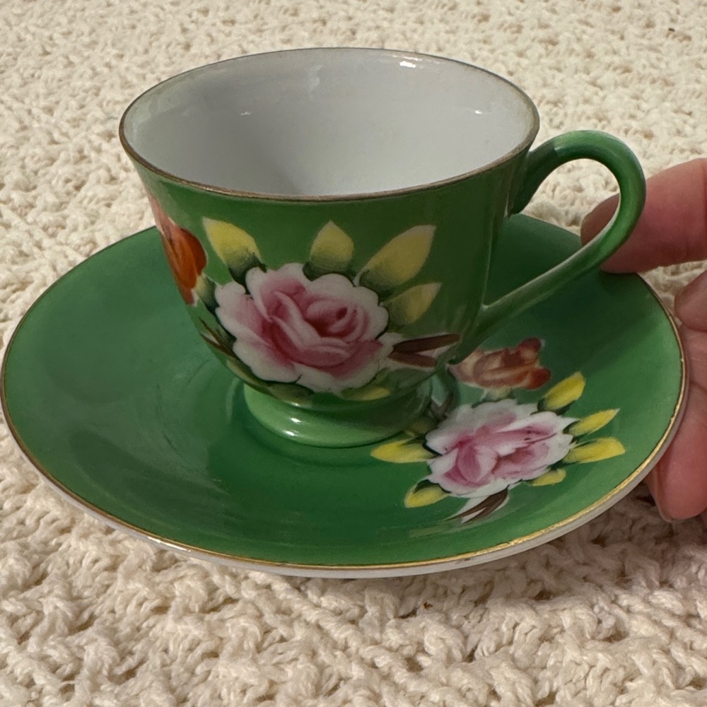 Green Floral Teacup and Saucer
